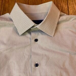 David Donahue Dress Shirt Check Grid Mens 17 34/35 Trim Fit White Blue Business